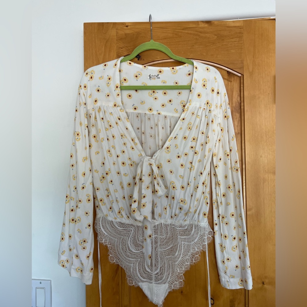 Free People Womens Boho Sunflower Bodysuit Blouse Size S Cream Mustard